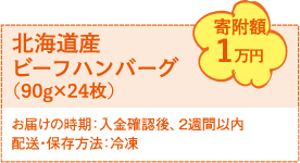 北海道産ビーフハンバーグ（90g×24枚）寄附額1万円お届けの時期：入金確認後、2週間以内配送・保存方法：冷凍